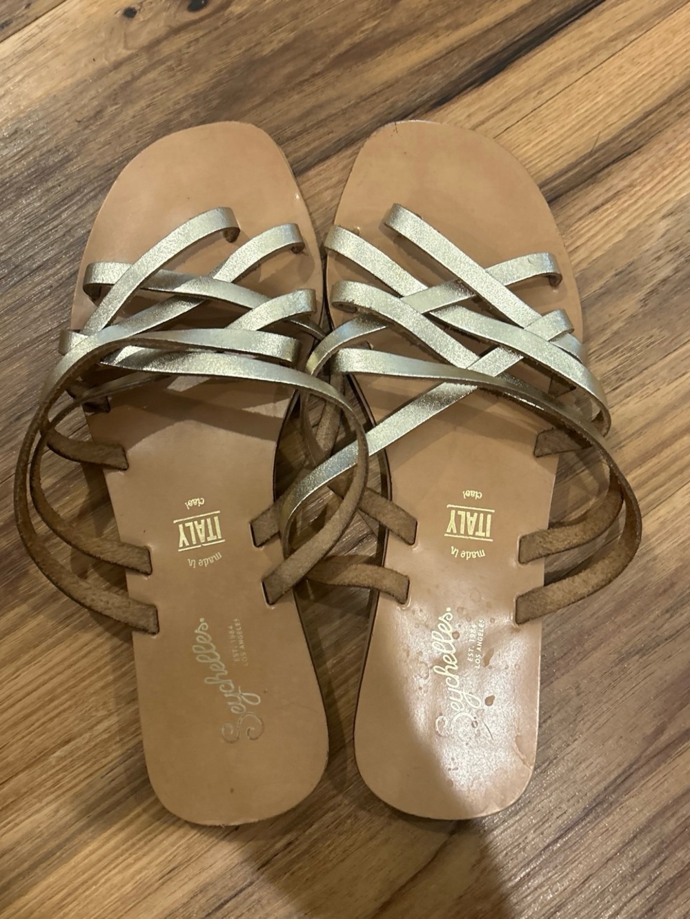 Seychelles Metallic Gold Strappy Sandals with Tan Footbed